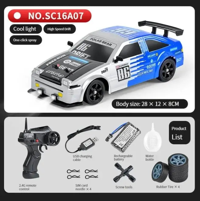 1:16 Scale 4WD Drift RC Car - AE86 Model with LED Lights & Spray Effect, High Speed Racing