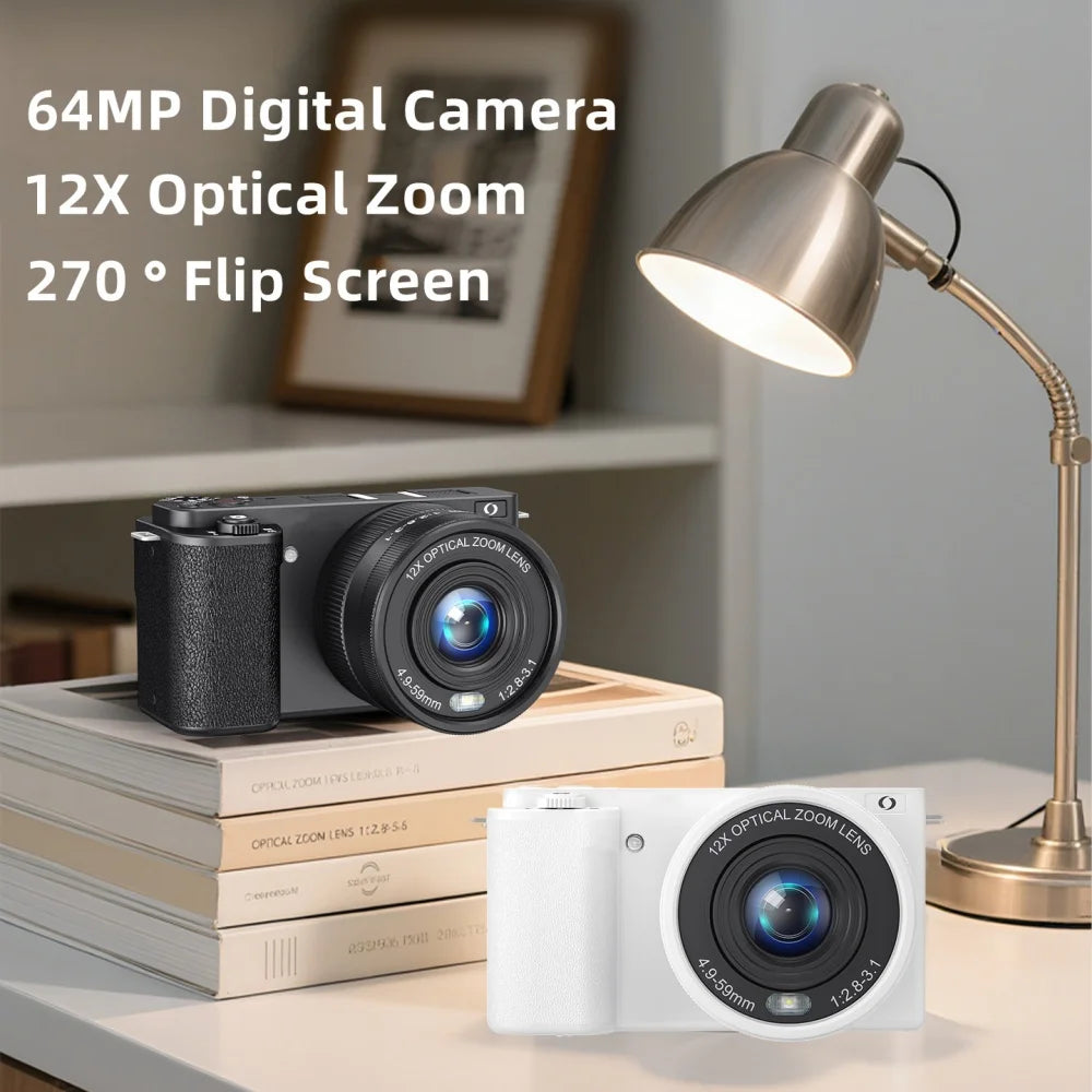 4K Digital Camera 64MP - 12X Optical Zoom Vlogging Camera with Flip Screen & Livestream