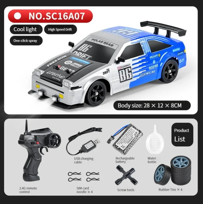 1:16 Scale 4WD Drift RC Car - AE86 Model with LED Lights & Spray Effect, High Speed Racing